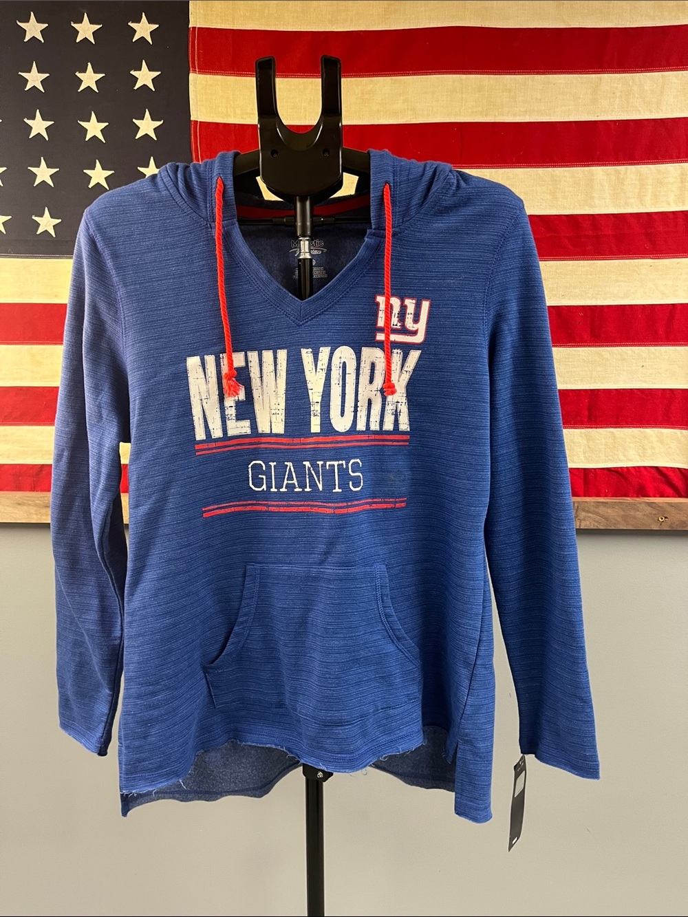 Women’s NY Giants V‑Neck Hoodie with Red Drawcords